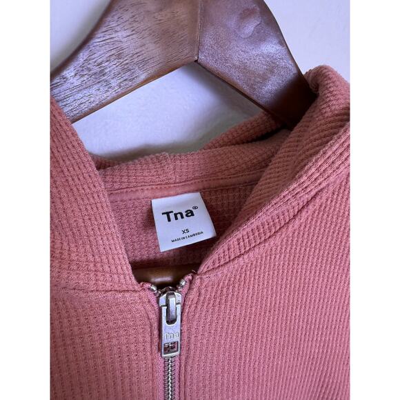 TNA Aritzia Waffle Zip Hoodie Rose Dawn Pink Thermal Knit XS - Picture 3 of 4